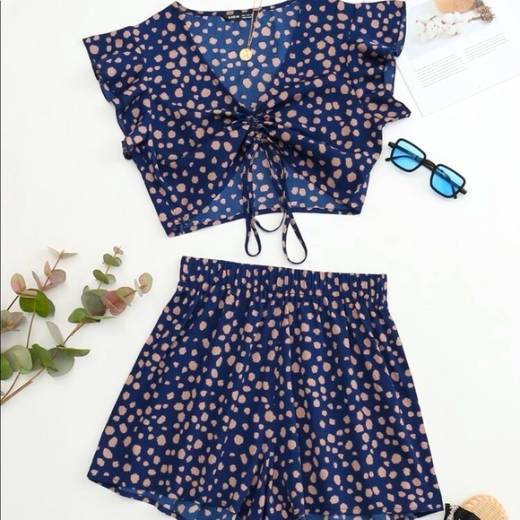 SHEIN Tops - NWT SHEIN Navy Blue Polka Dot Crop Top Matching Set Summer Vacation Boho Spring